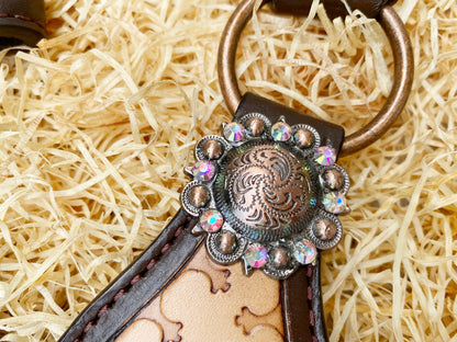 Genuine Leather Headstall and Breast Collar Set for horse with sunflower carving and geometrical tooling multicolor stones overlay MOUSM