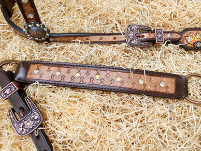 Genuine Leather Headstall and Breast Collar Set for horse with sunflower carving and geometrical tooling multicolor stones overlay MOUSM