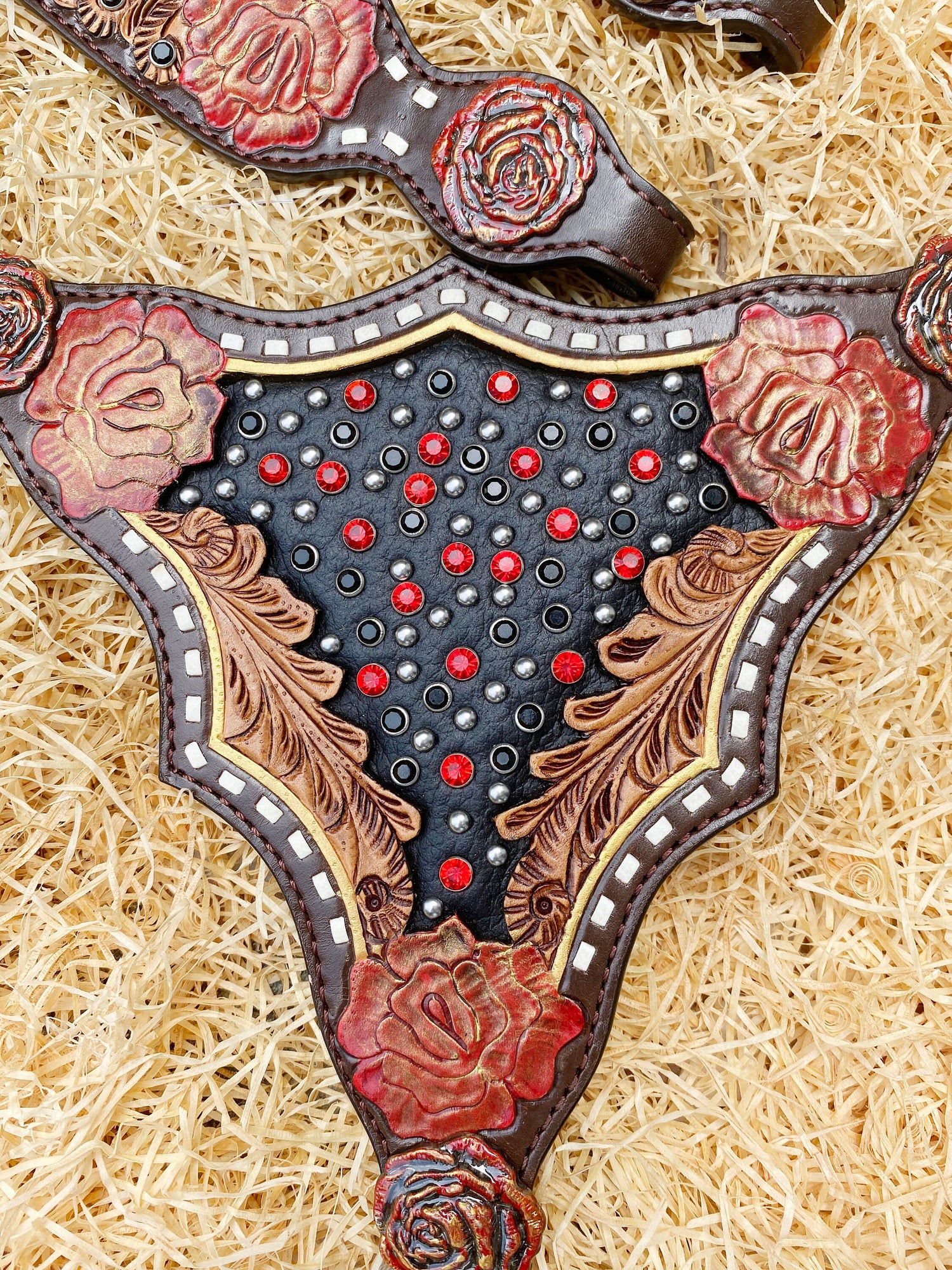 Genuine Leather Headstall and Breast Collar Set horse, Western headstall with Rose carving and rose hardware with red stones overlay MOUSM