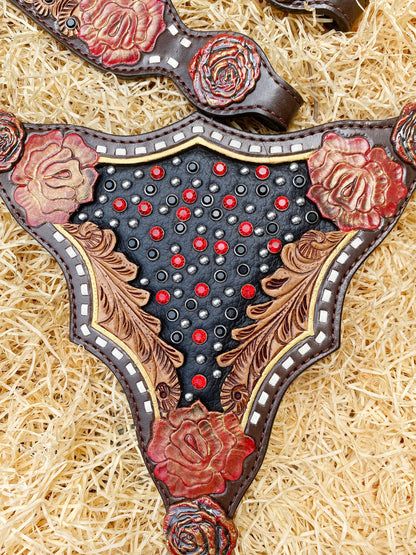 Genuine Leather Headstall and Breast Collar Set horse, Western headstall with Rose carving and rose hardware with red stones overlay MOUSM