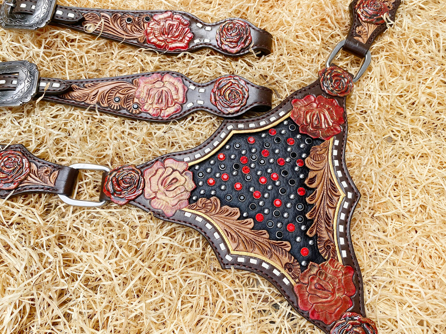 Genuine Leather Headstall and Breast Collar Set horse, Western headstall with Rose carving and rose hardware with red stones overlay MOUSM