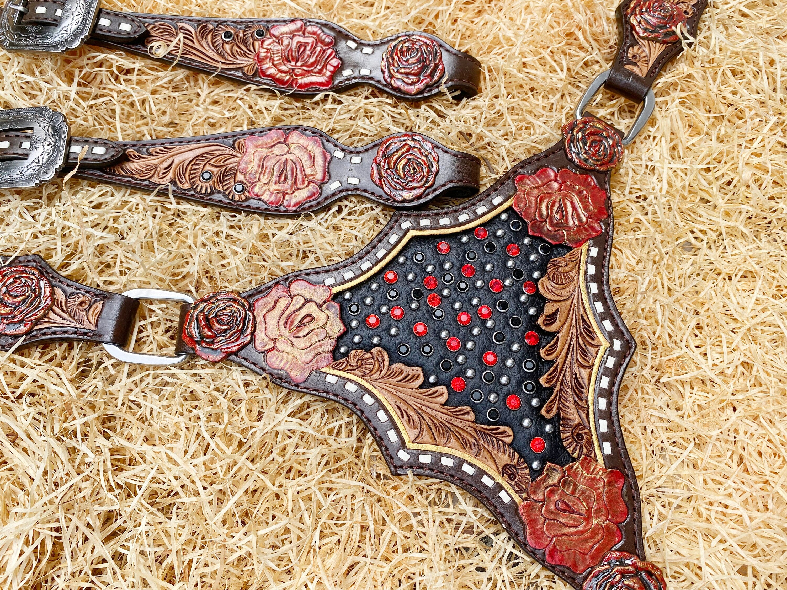Genuine Leather Headstall and Breast Collar Set horse, Western headstall with Rose carving and rose hardware with red stones overlay MOUSM