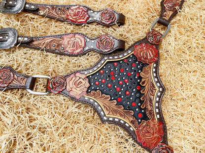 Genuine Leather Headstall and Breast Collar Set horse, Western headstall with Rose carving and rose hardware with red stones overlay MOUSM