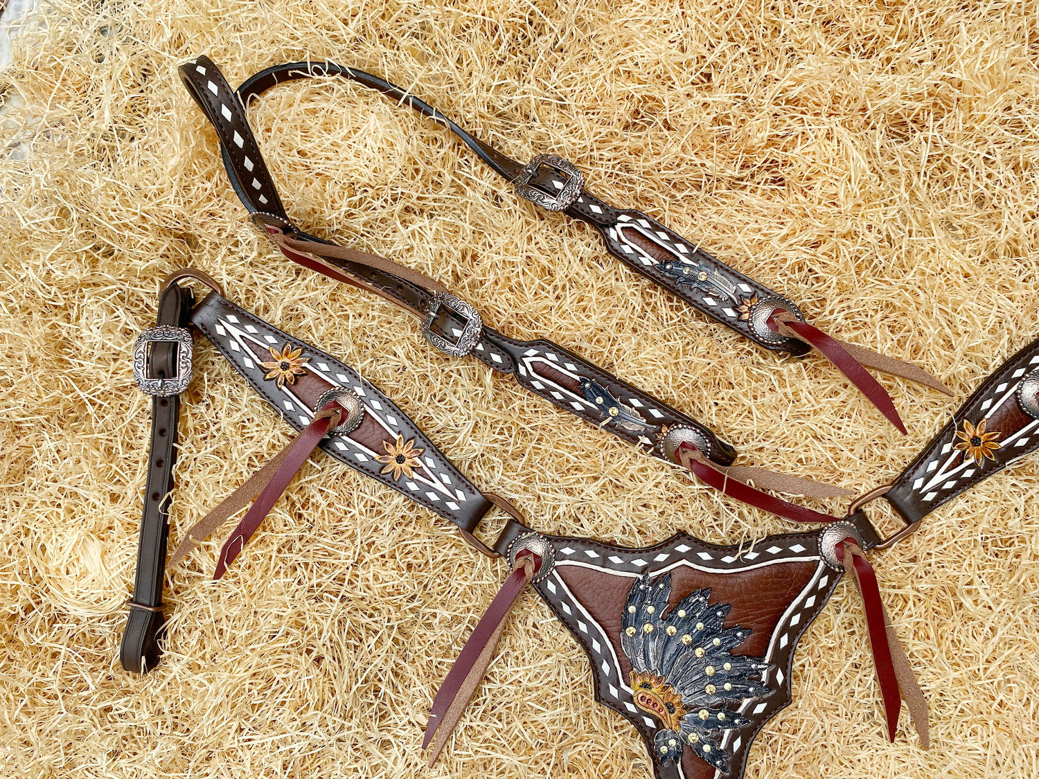 Leather Headstall and Breast Collar Set for horse, Western leather headstall with sunflower tooling along with string conchos overlay MOUSM