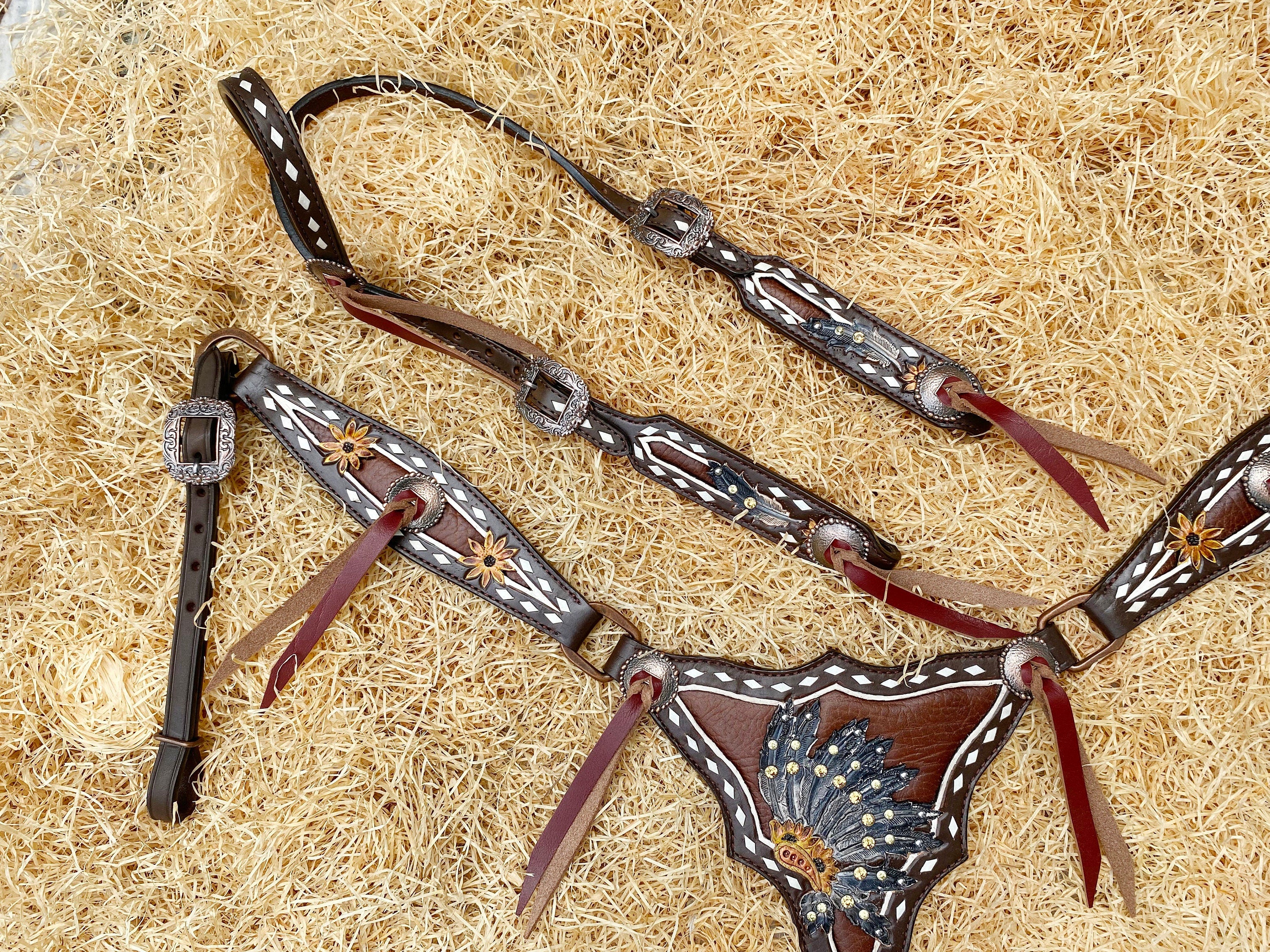 Leather Headstall and Breast Collar Set for horse, Western leather headstall with sunflower tooling along with string conchos overlay MOUSM