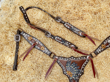 Leather Headstall and Breast Collar Set for horse, Western leather headstall with sunflower tooling along with string conchos overlay MOUSM