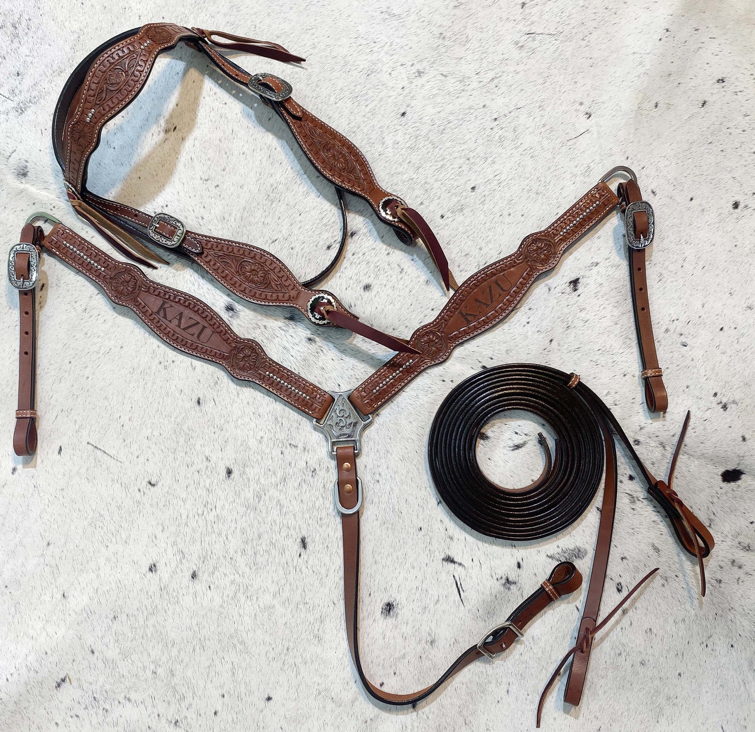MOUSM Customized Leather Headstall and Breast Collar Set for your horse, Western leather custom headstall with loved Horse or rider name