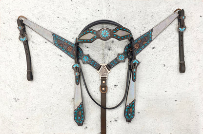 MOUSM Argentina Cow Leather Western Horse Tack Set – Browband Headstall &amp; Breast Collar, Bronc Halter, Wither &amp; Spur Straps with Holographic Snake Print &amp; Hand-Carved Design