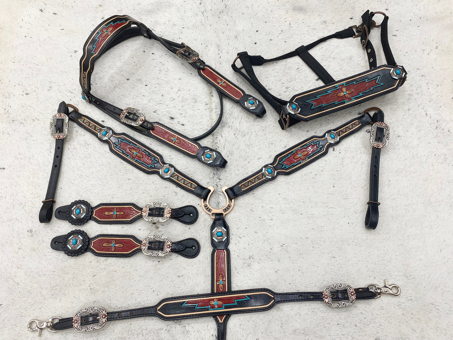 MOUSM Argentina Cow Leather Western Horse Tack Set – Browband Headstall &amp; Breast Collar, Bronc Halter, Wither &amp; Spur Straps, Decorated with Hand-Tooled Carving, Multicolor Conchos &amp; Antique Copper Hardware
