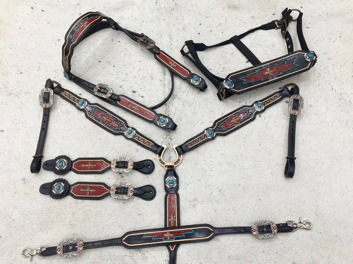 Hand Tooled Carving Complete Headstall Tack Set