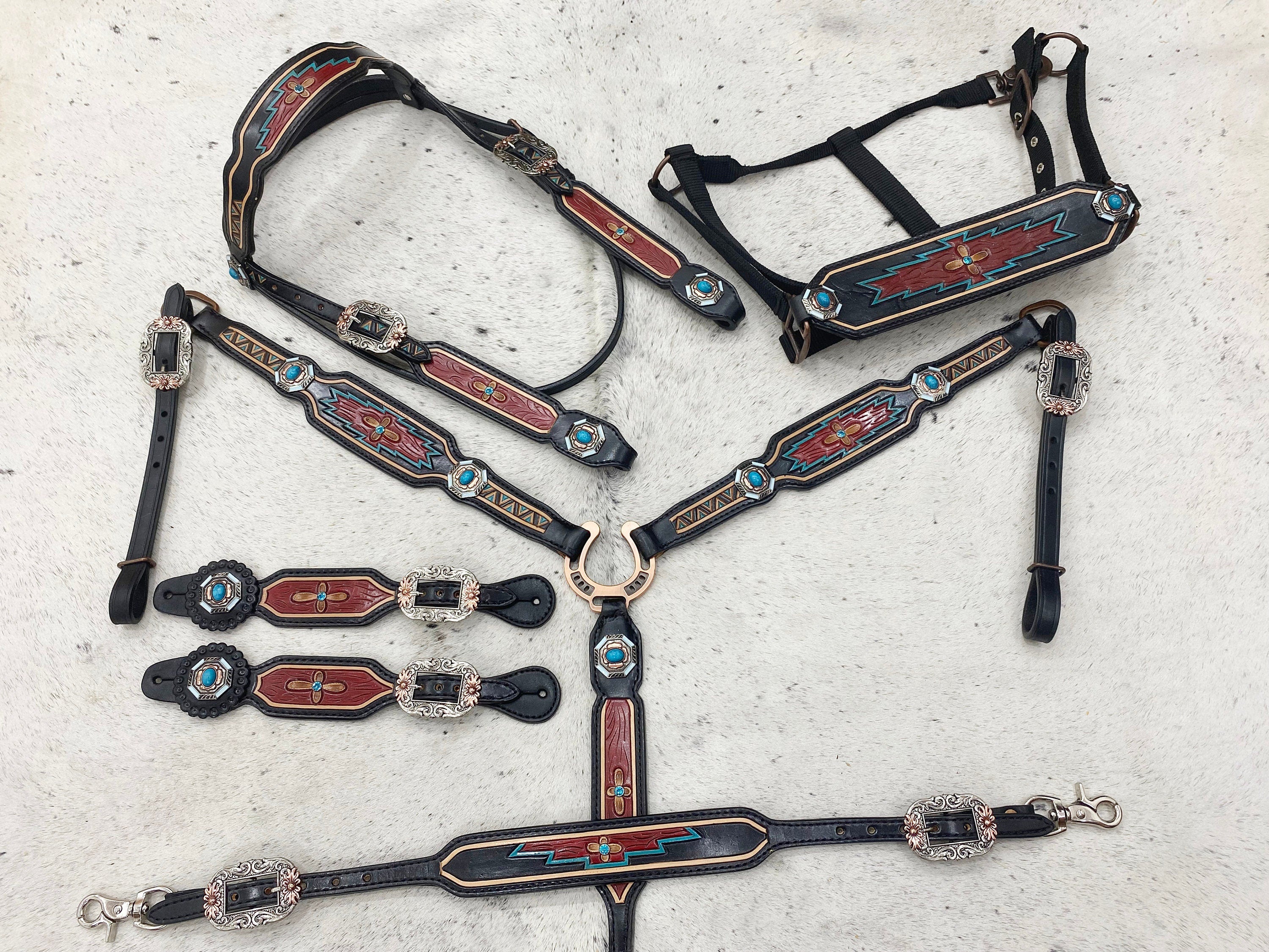 MOUSM Argentina Cow Leather Western Horse Tack Set – Browband Headstall &amp; Breast Collar, Bronc Halter, Wither &amp; Spur Straps, Decorated with Hand-Tooled Carving, Multicolor Conchos &amp; Antique Copper Hardware