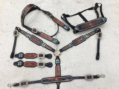 MOUSM Argentina Cow Leather Western Horse Tack Set – Browband Headstall &amp; Breast Collar, Bronc Halter, Wither &amp; Spur Straps, Decorated with Hand-Tooled Carving, Multicolor Conchos &amp; Antique Copper Hardware