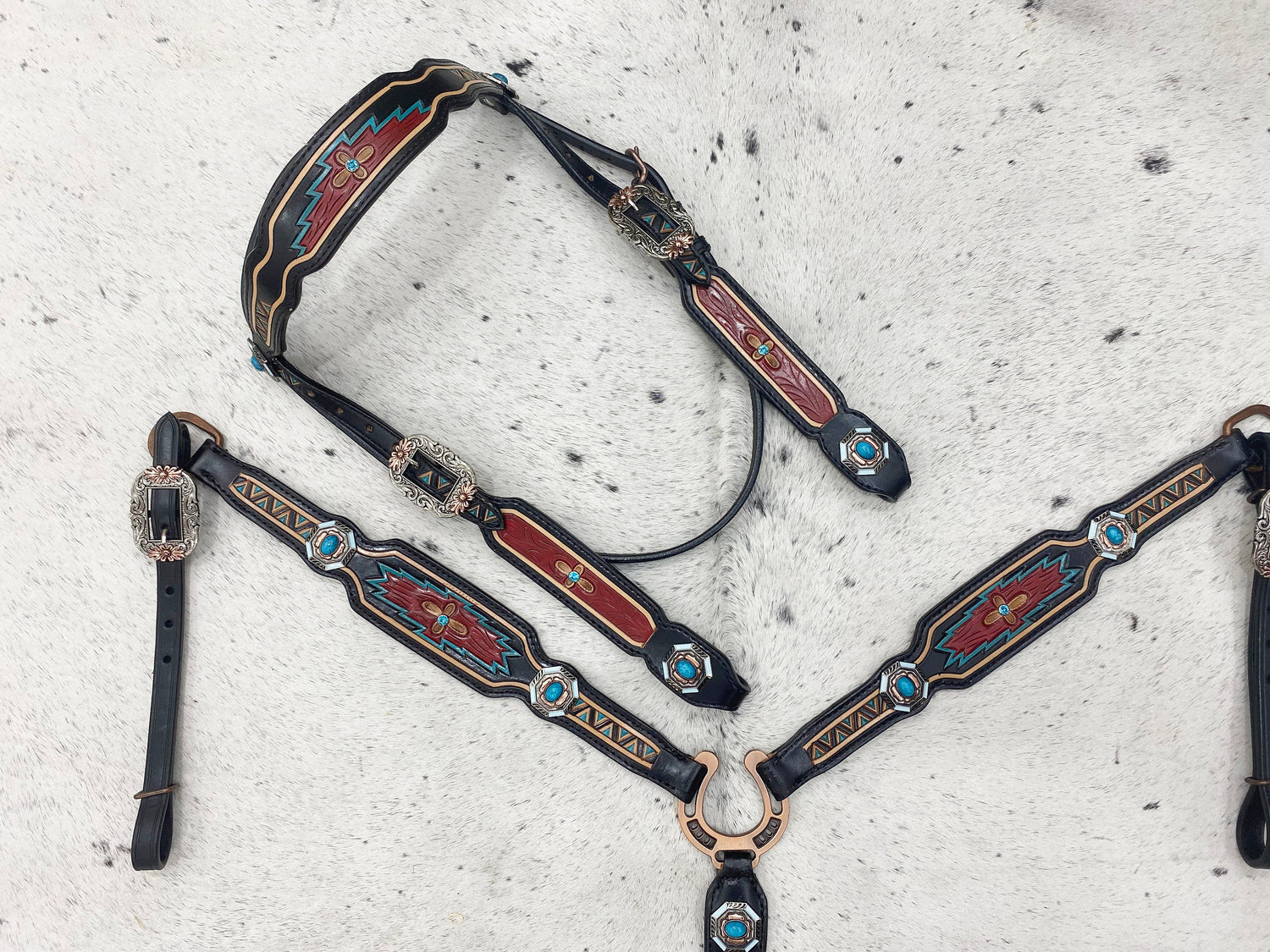 MOUSM Argentina Cow Leather Western Horse Tack Set – Browband Headstall &amp; Breast Collar, Bronc Halter, Wither &amp; Spur Straps, Decorated with Hand-Tooled Carving, Multicolor Conchos &amp; Antique Copper Hardware