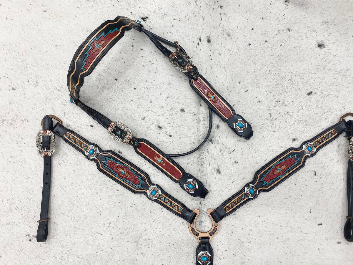 Hand Tooled Carving Complete Headstall Tack Set