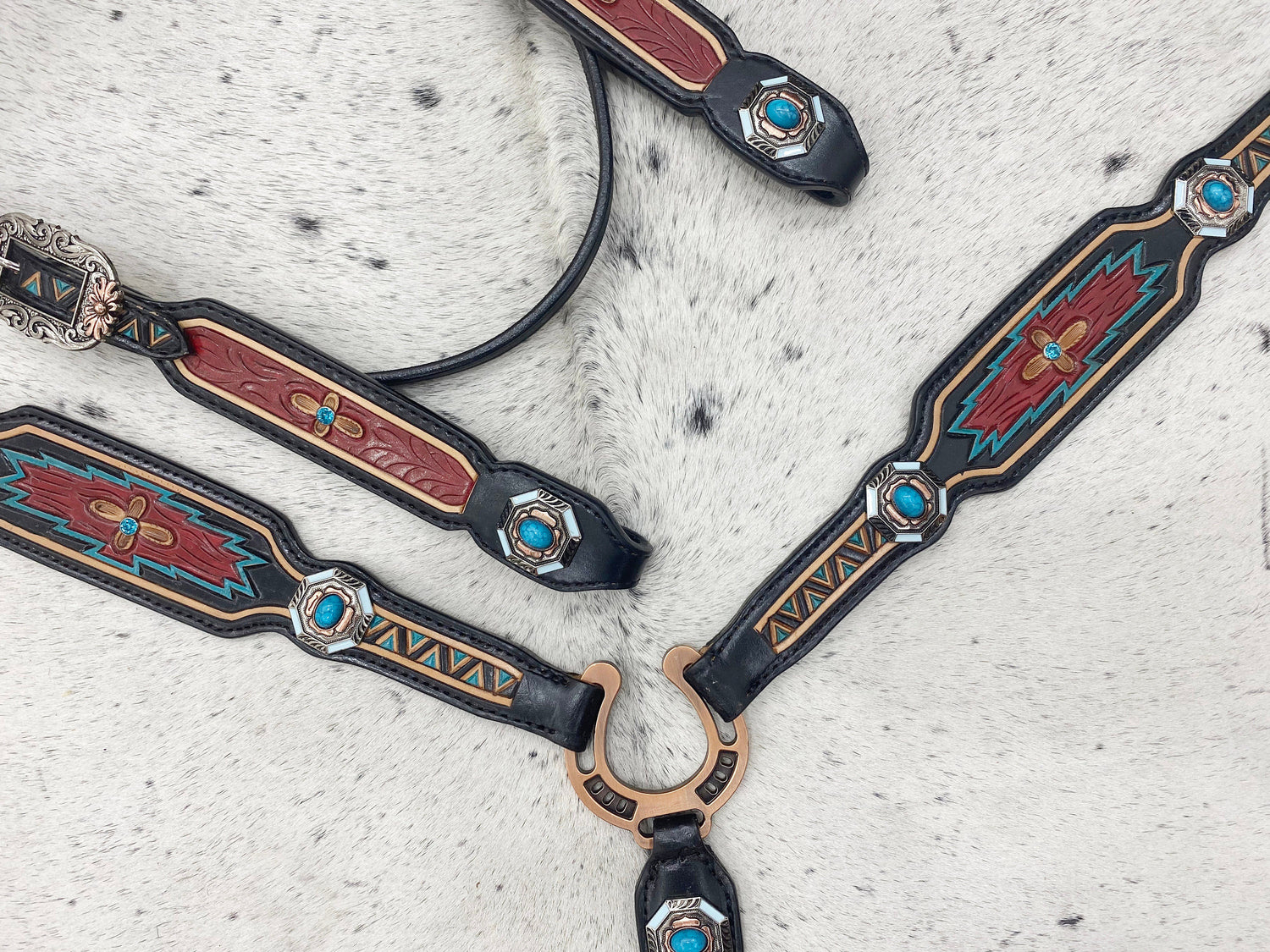 MOUSM Argentina Cow Leather Western Horse Tack Set – Browband Headstall &amp; Breast Collar, Bronc Halter, Wither &amp; Spur Straps, Decorated with Hand-Tooled Carving, Multicolor Conchos &amp; Antique Copper Hardware