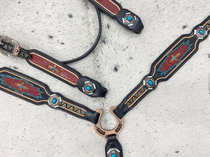 MOUSM Argentina Cow Leather Western Horse Tack Set – Browband Headstall &amp; Breast Collar, Bronc Halter, Wither &amp; Spur Straps, Decorated with Hand-Tooled Carving, Multicolor Conchos &amp; Antique Copper Hardware