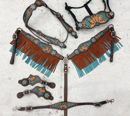 MOUSM Argentina Cow Leather Western Horse Tack Collection – Browband Headstall &amp; Breast Collar, Bronc Halter, Wither &amp; Spur Straps, Decorated with Sunflower Carving, Teal Snake Pattern Inlay and Turquoise Stone, Turquoise/Tan Fringe