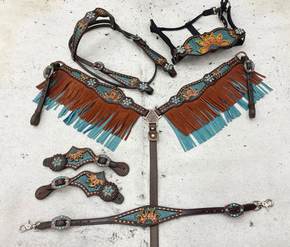 MOUSM Argentina Cow Leather Western Horse Tack Collection – Browband Headstall &amp; Breast Collar, Bronc Halter, Wither &amp; Spur Straps, Decorated with Sunflower Carving, Teal Snake Pattern Inlay and Turquoise Stone, Turquoise/Tan Fringe