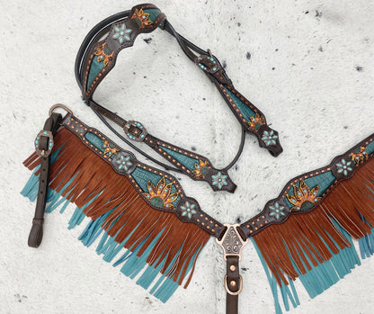 MOUSM Argentina Cow Leather Western Horse Tack Collection – Browband Headstall &amp; Breast Collar, Bronc Halter, Wither &amp; Spur Straps, Decorated with Sunflower Carving, Teal Snake Pattern Inlay and Turquoise Stone, Turquoise/Tan Fringe