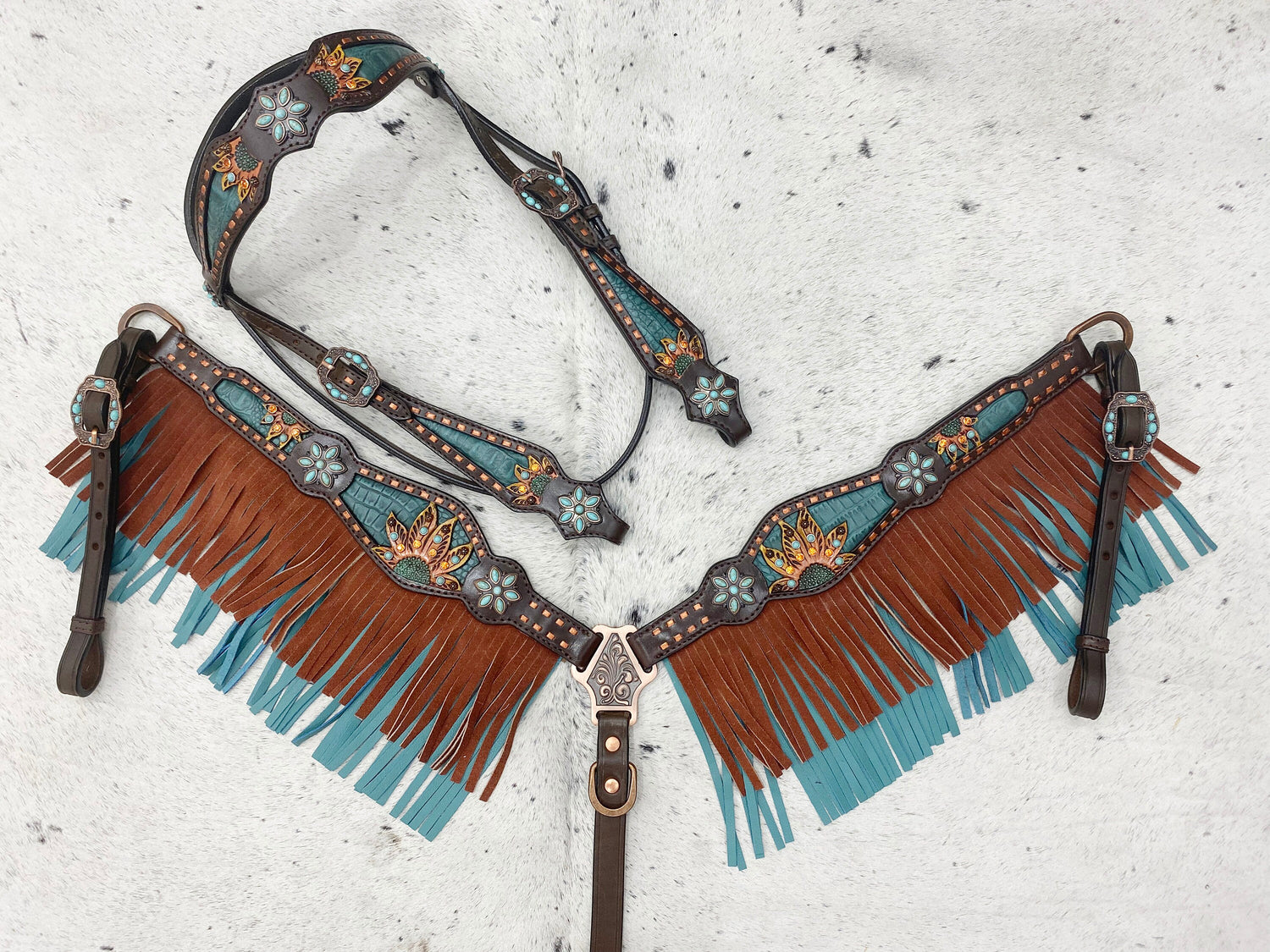 MOUSM Argentina Cow Leather Western Horse Tack Collection – Browband Headstall &amp; Breast Collar, Bronc Halter, Wither &amp; Spur Straps, Decorated with Sunflower Carving, Teal Snake Pattern Inlay and Turquoise Stone, Turquoise/Tan Fringe