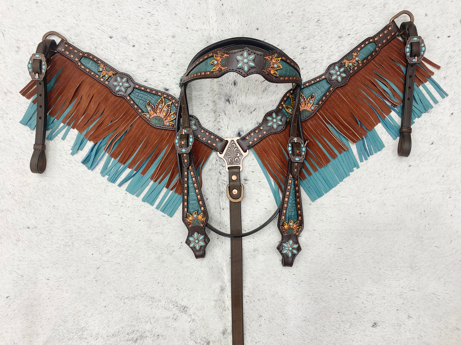 MOUSM Argentina Cow Leather Western Horse Tack Collection – Browband Headstall &amp; Breast Collar, Bronc Halter, Wither &amp; Spur Straps, Decorated with Sunflower Carving, Teal Snake Pattern Inlay and Turquoise Stone, Turquoise/Tan Fringe