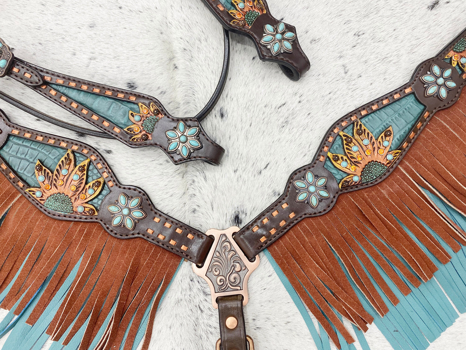 MOUSM Argentina Cow Leather Western Horse Tack Collection – Browband Headstall &amp; Breast Collar, Bronc Halter, Wither &amp; Spur Straps, Decorated with Sunflower Carving, Teal Snake Pattern Inlay and Turquoise Stone, Turquoise/Tan Fringe