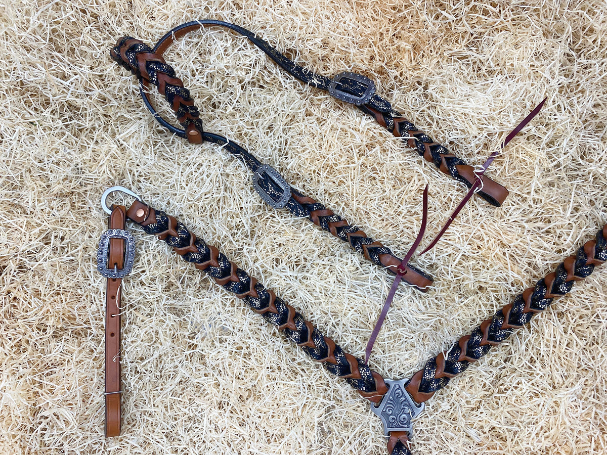 Black Alligator and Dark Brown Braiding Headstall Tack Set