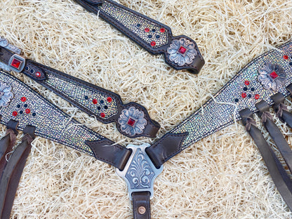 MOUSM Argentina Cow Leather Headstall &amp; Breast Collar Set – Western Horse Tack Set Decorated with Holographic Cracker Print, Red &amp; Black Stones, and Brown Leather Fringe