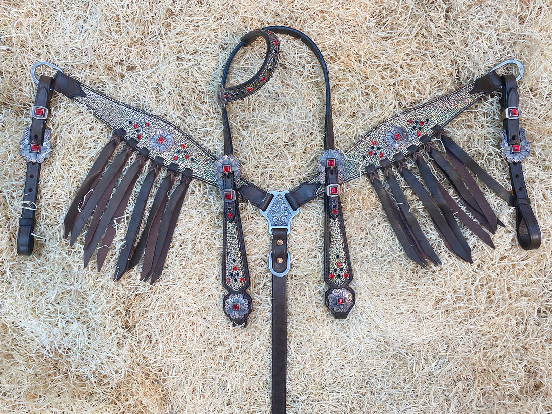 MOUSM Argentina Cow Leather Headstall &amp; Breast Collar Set – Western Horse Tack Set Decorated with Holographic Cracker Print, Red &amp; Black Stones, and Brown Leather Fringe