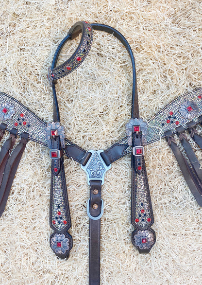 MOUSM Argentina Cow Leather Headstall &amp; Breast Collar Set – Western Horse Tack Set Decorated with Holographic Cracker Print, Red &amp; Black Stones, and Brown Leather Fringe