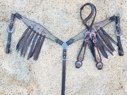 MOUSM Argentina Cow Leather Headstall &amp; Breast Collar Set – Western Horse Tack Set Decorated with Holographic Cracker Print, Red &amp; Black Stones, and Brown Leather Fringe