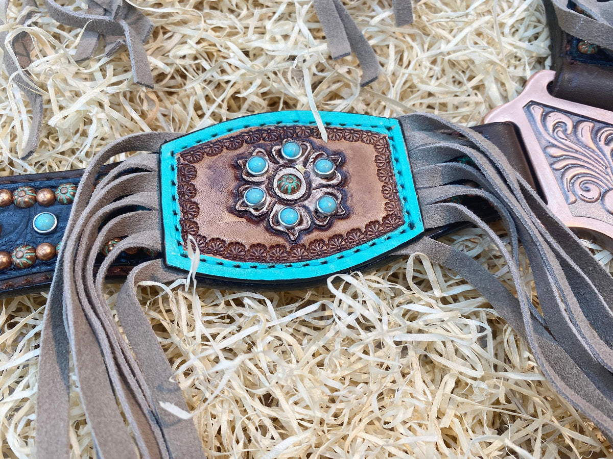 Carved Leather Patches with Beige Fringe Western Horse Tack Set