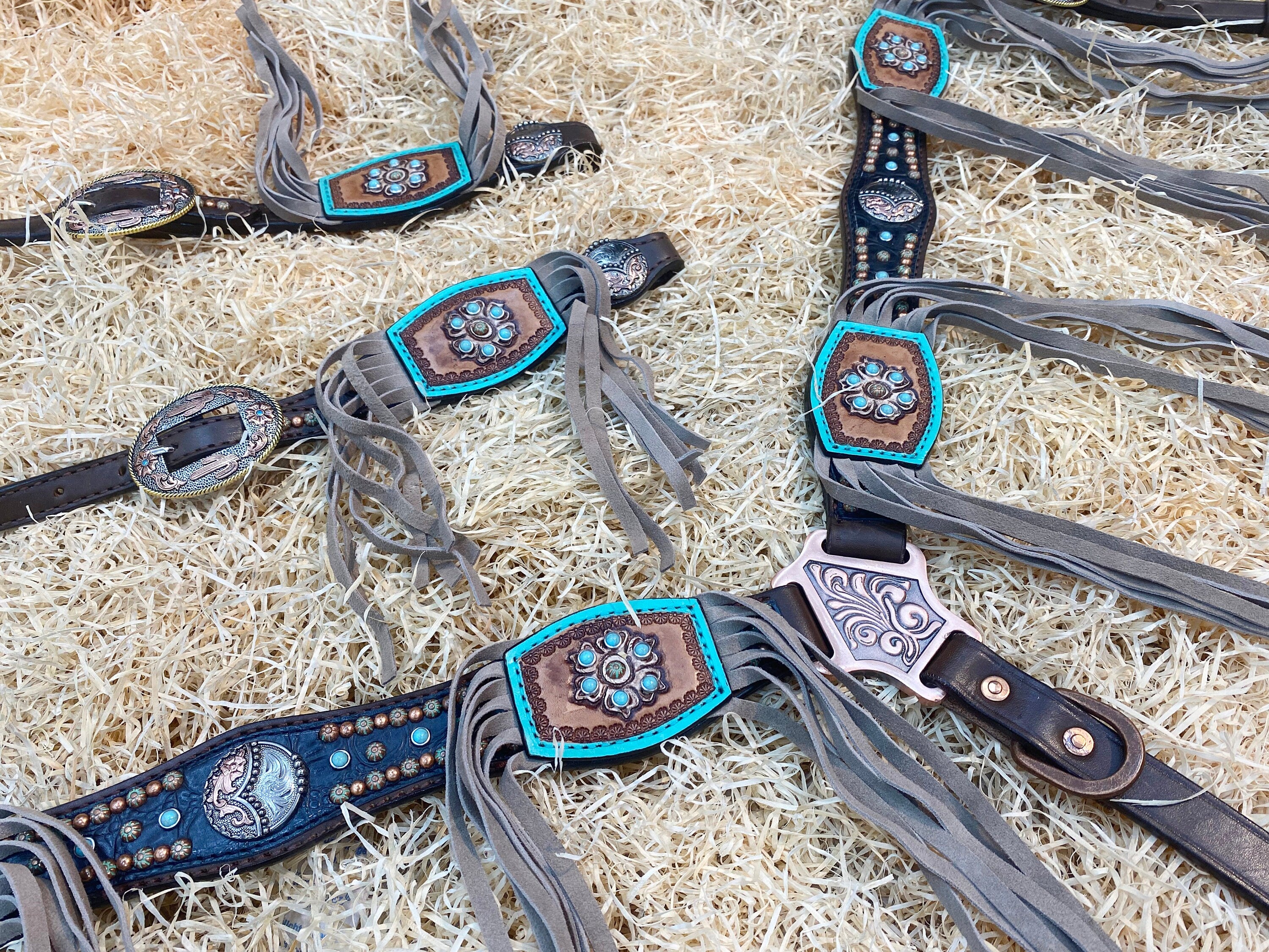 Leather Headstall and Breast Collar Set for horse, Western headstall tack decorated  turquoise and copper studs carved leather beige fringe