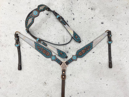MOUSM Argentina Cow Leather Western Horse Tack Set – Browband Headstall &amp; Breast Collar, Bronc Halter, Wither &amp; Spur Straps with Holographic Snake Print &amp; Hand-Carved Design