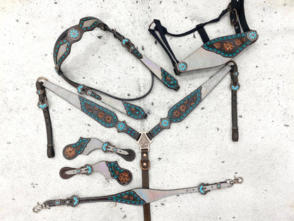 MOUSM Argentina Cow Leather Western Horse Tack Set – Browband Headstall &amp; Breast Collar, Bronc Halter, Wither &amp; Spur Straps with Holographic Snake Print &amp; Hand-Carved Design