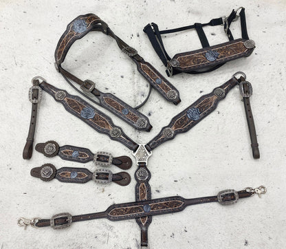 MOUSM Argentina Cow Leather Western Horse Tack Set – Browband Headstall &amp; Breast Collar, Bronc Halter, Wither &amp; Spur Straps, Decorated with Black Buck Stitching, Rose Hardware &amp; Hand-Carved Detailing