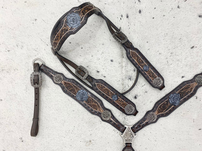 MOUSM Argentina Cow Leather Western Horse Tack Set – Browband Headstall &amp; Breast Collar, Bronc Halter, Wither &amp; Spur Straps, Decorated with Black Buck Stitching, Rose Hardware &amp; Hand-Carved Detailing
