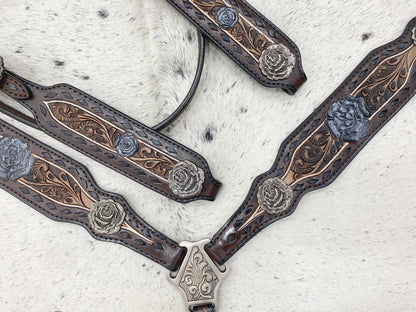 MOUSM Argentina Cow Leather Western Horse Tack Set – Browband Headstall &amp; Breast Collar, Bronc Halter, Wither &amp; Spur Straps, Decorated with Black Buck Stitching, Rose Hardware &amp; Hand-Carved Detailing