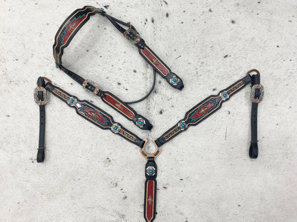 MOUSM Argentina Cow Leather Western Horse Tack Set – Browband Headstall &amp; Breast Collar, Bronc Halter, Wither &amp; Spur Straps, Decorated with Hand-Tooled Carving, Multicolor Conchos &amp; Antique Copper Hardware