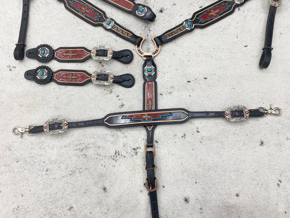 Hand Tooled Carving Complete Headstall Tack Set
