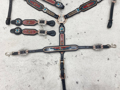 MOUSM Argentina Cow Leather Western Horse Tack Set – Browband Headstall &amp; Breast Collar, Bronc Halter, Wither &amp; Spur Straps, Decorated with Hand-Tooled Carving, Multicolor Conchos &amp; Antique Copper Hardware