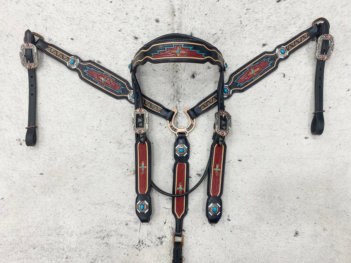 Hand Tooled Carving Complete Headstall Tack Set