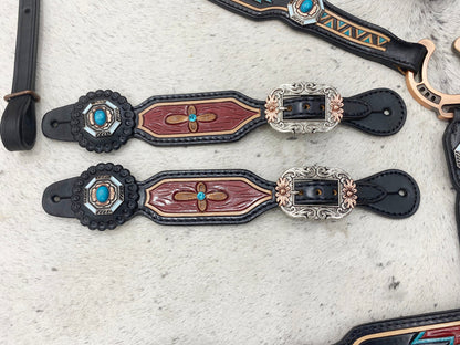 MOUSM Argentina Cow Leather Western Horse Tack Set – Browband Headstall &amp; Breast Collar, Bronc Halter, Wither &amp; Spur Straps, Decorated with Hand-Tooled Carving, Multicolor Conchos &amp; Antique Copper Hardware