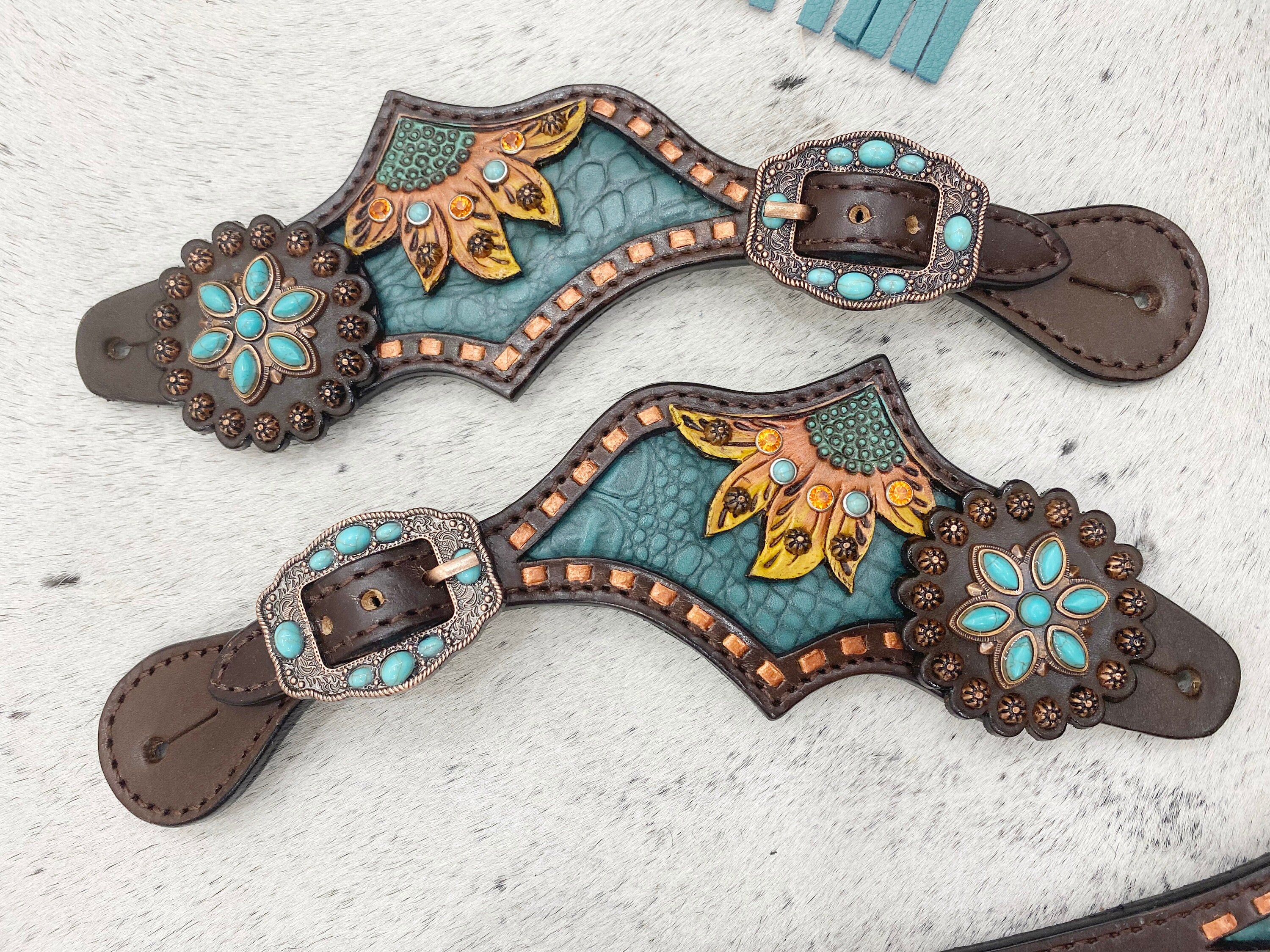 MOUSM Argentina Cow Leather Western Horse Tack Collection – Browband Headstall &amp; Breast Collar, Bronc Halter, Wither &amp; Spur Straps, Decorated with Sunflower Carving, Teal Snake Pattern Inlay and Turquoise Stone, Turquoise/Tan Fringe