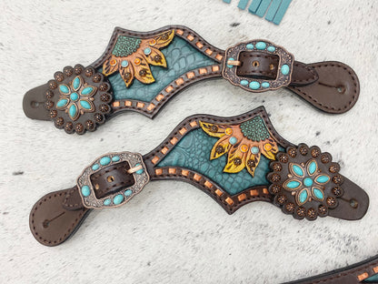 MOUSM Argentina Cow Leather Western Horse Tack Collection – Browband Headstall &amp; Breast Collar, Bronc Halter, Wither &amp; Spur Straps, Decorated with Sunflower Carving, Teal Snake Pattern Inlay and Turquoise Stone, Turquoise/Tan Fringe