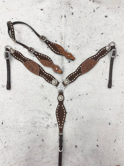 MOUSM Argentina Cow Leather Western Horse Tack Set – Browband Headstall &amp; Breast Collar, Bronc Halter, Wither &amp; Spur Straps with Hand-Tooled Carving &amp; White Rawhide Braiding