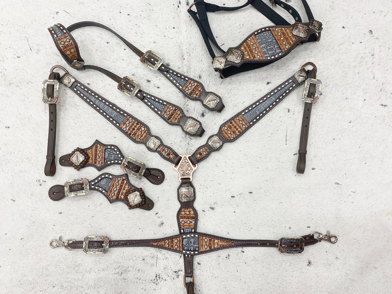 Leather Headstall and Breast Collar Set horse,Western headstall Tack with geometrical tooling and rawhide braiding and grey alligator print