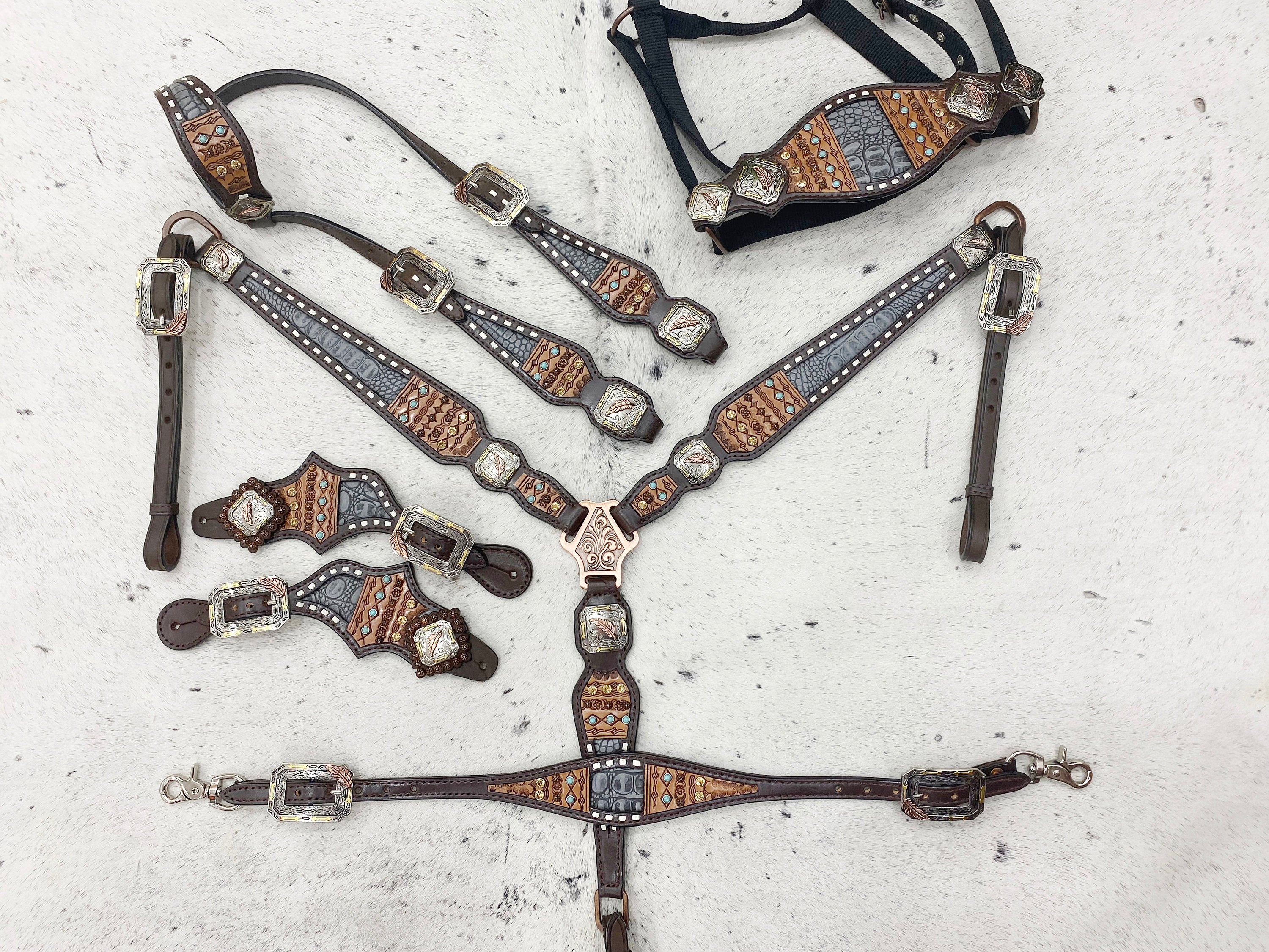 Leather Headstall and Breast Collar Set horse,Western headstall Tack with geometrical tooling and rawhide braiding and grey alligator print