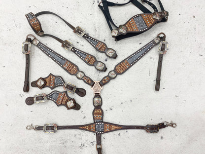 Leather Headstall and Breast Collar Set horse,Western headstall Tack with geometrical tooling and rawhide braiding and grey alligator print
