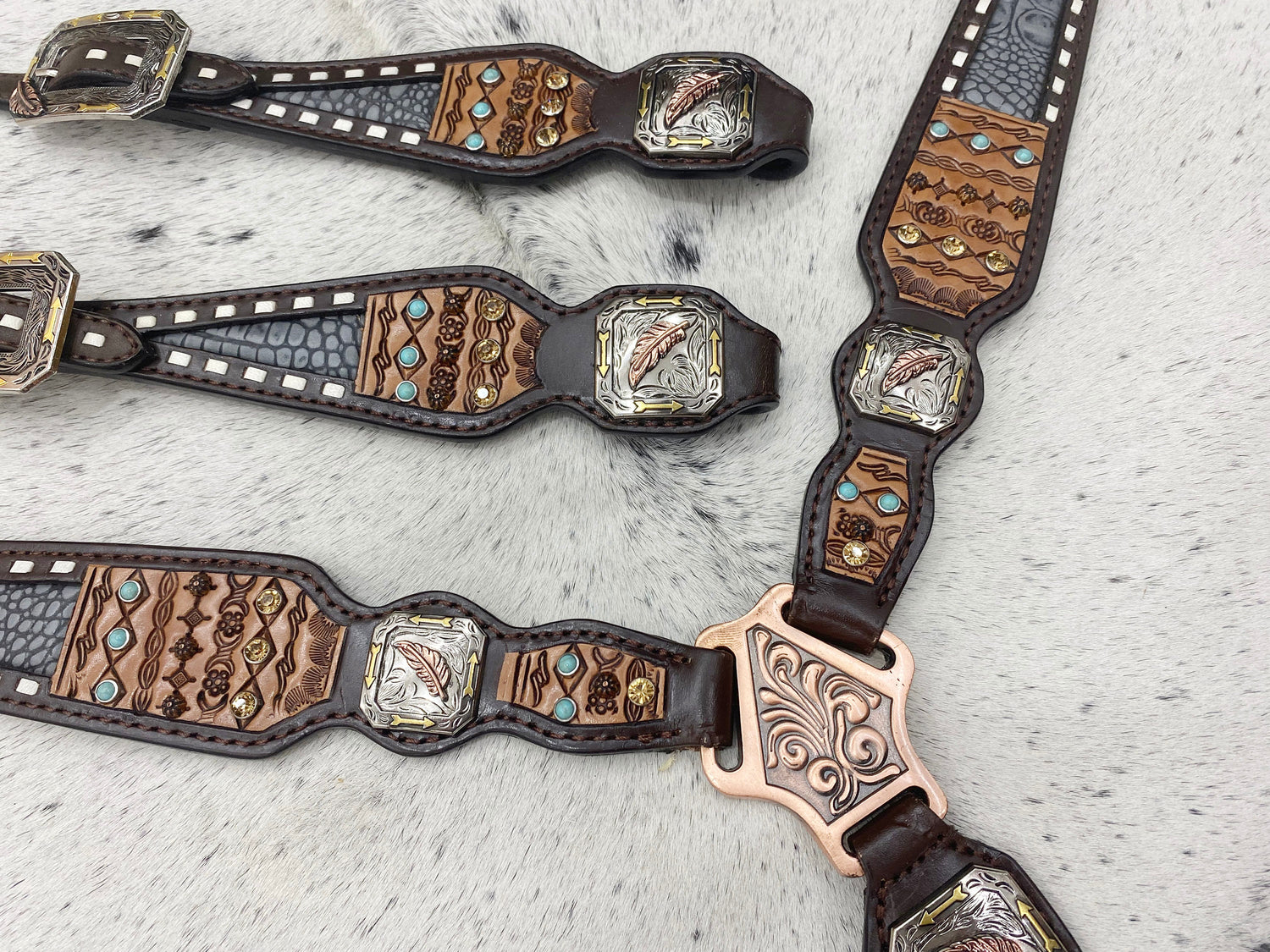 Leather Headstall and Breast Collar Set horse,Western headstall Tack with geometrical tooling and rawhide braiding and grey alligator print